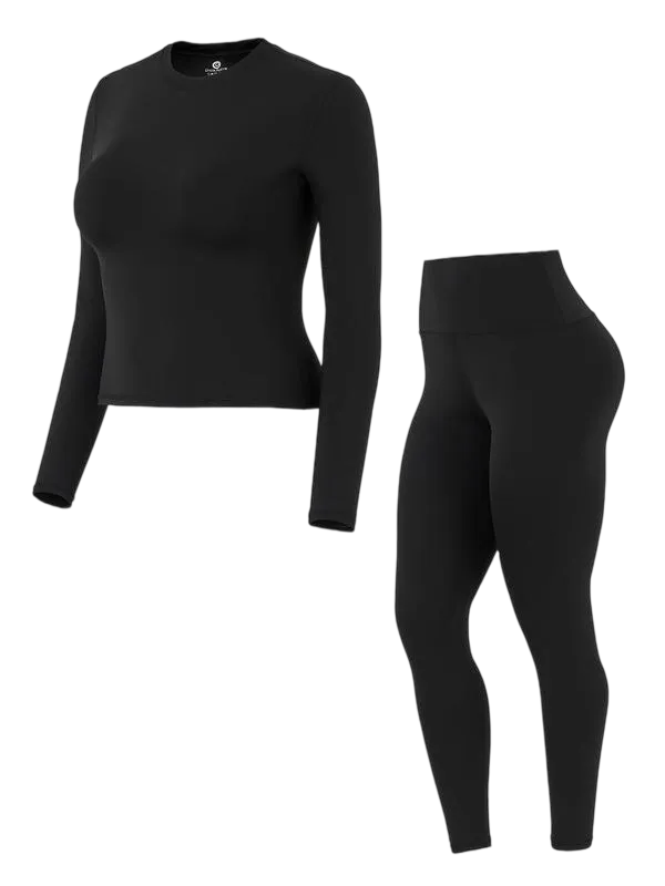 Women's Solid Long Sleeve Tee & High Waist Leggings Sportswear Set