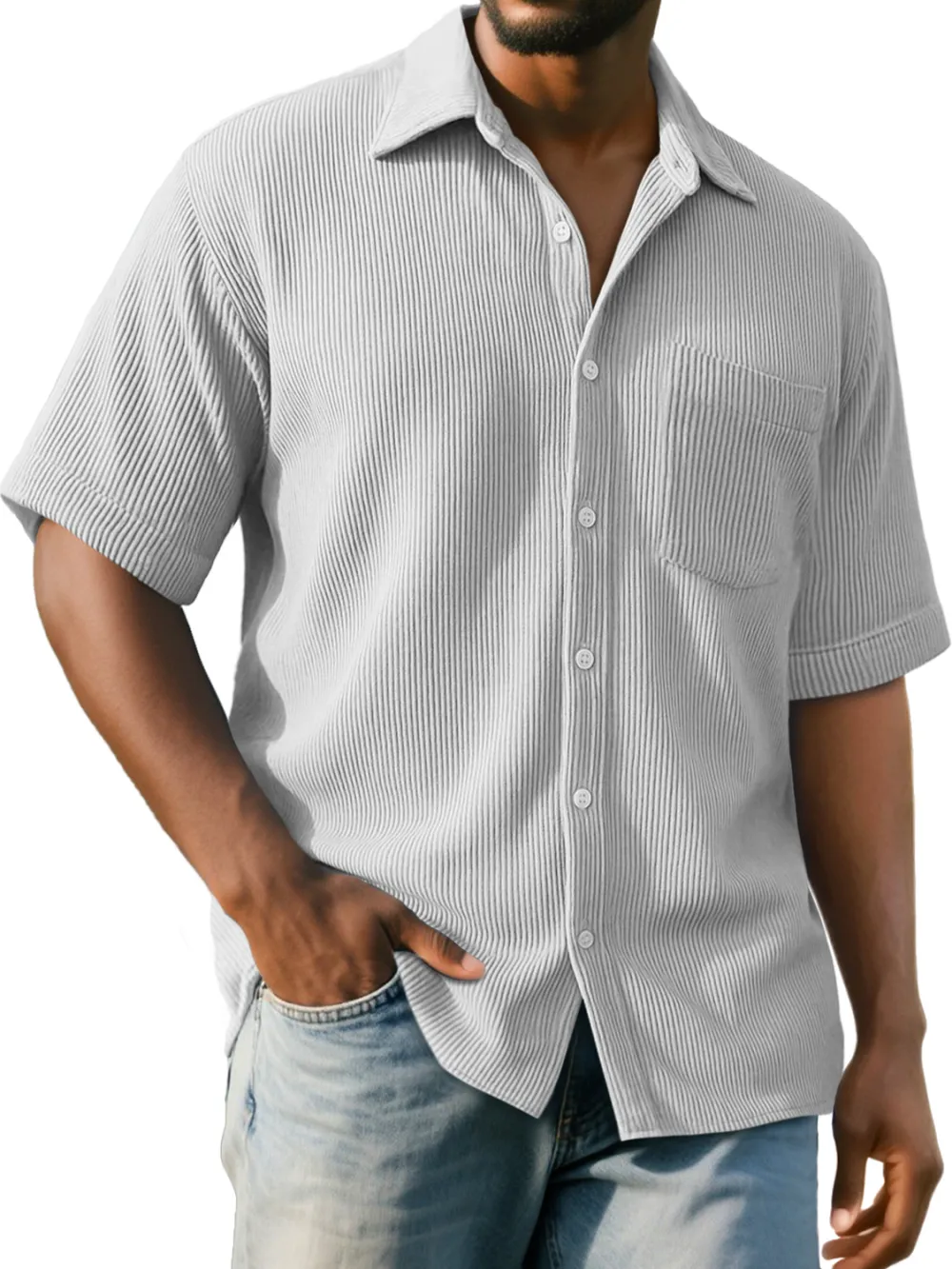 Men's Daily Ribbed Pocket Casual Comfort Solid Color Short Sleeve Shirt