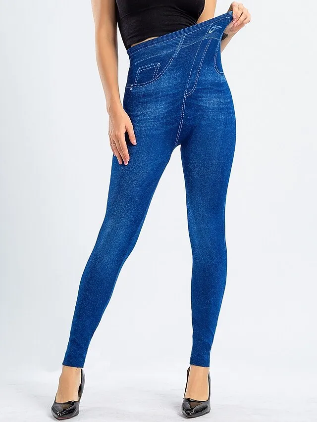 Women's Leggings Faux Denim Ankle-Length Stretchy High Waist Fashion Casual Weekend Black Blue S M