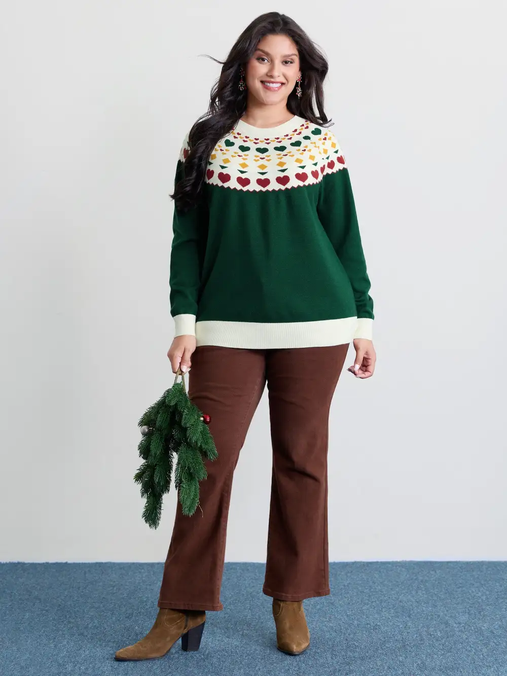 Colorful Heart Jacquard Round Neck Pullover