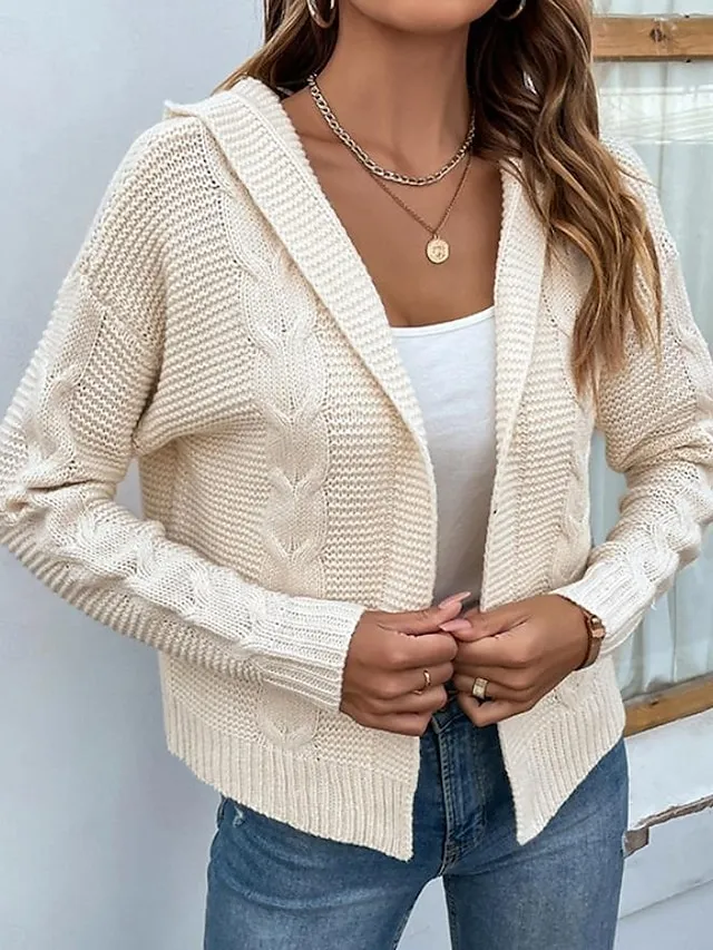 Women's Cardigan V Neck Cable Knit Knitted Fall Winter Work Daily Fashion Casual Soft Long Sleeve Solid Color White