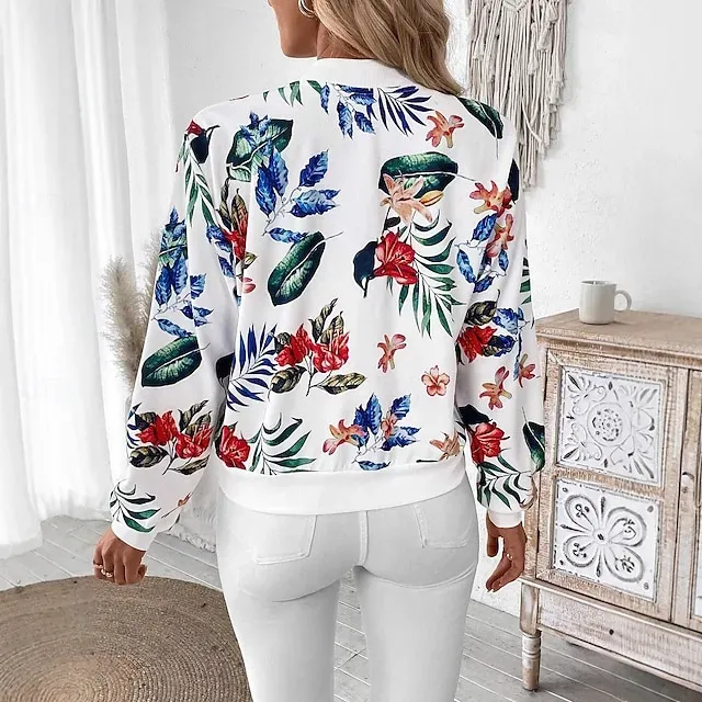 Women's Casual Jacket Comfortable Zipper Fashion Daily Modern Floral School Outdoor Vacation Home Regular Baseball Collar Regular Fit Long Sleeve Outerwear White Spring Fall