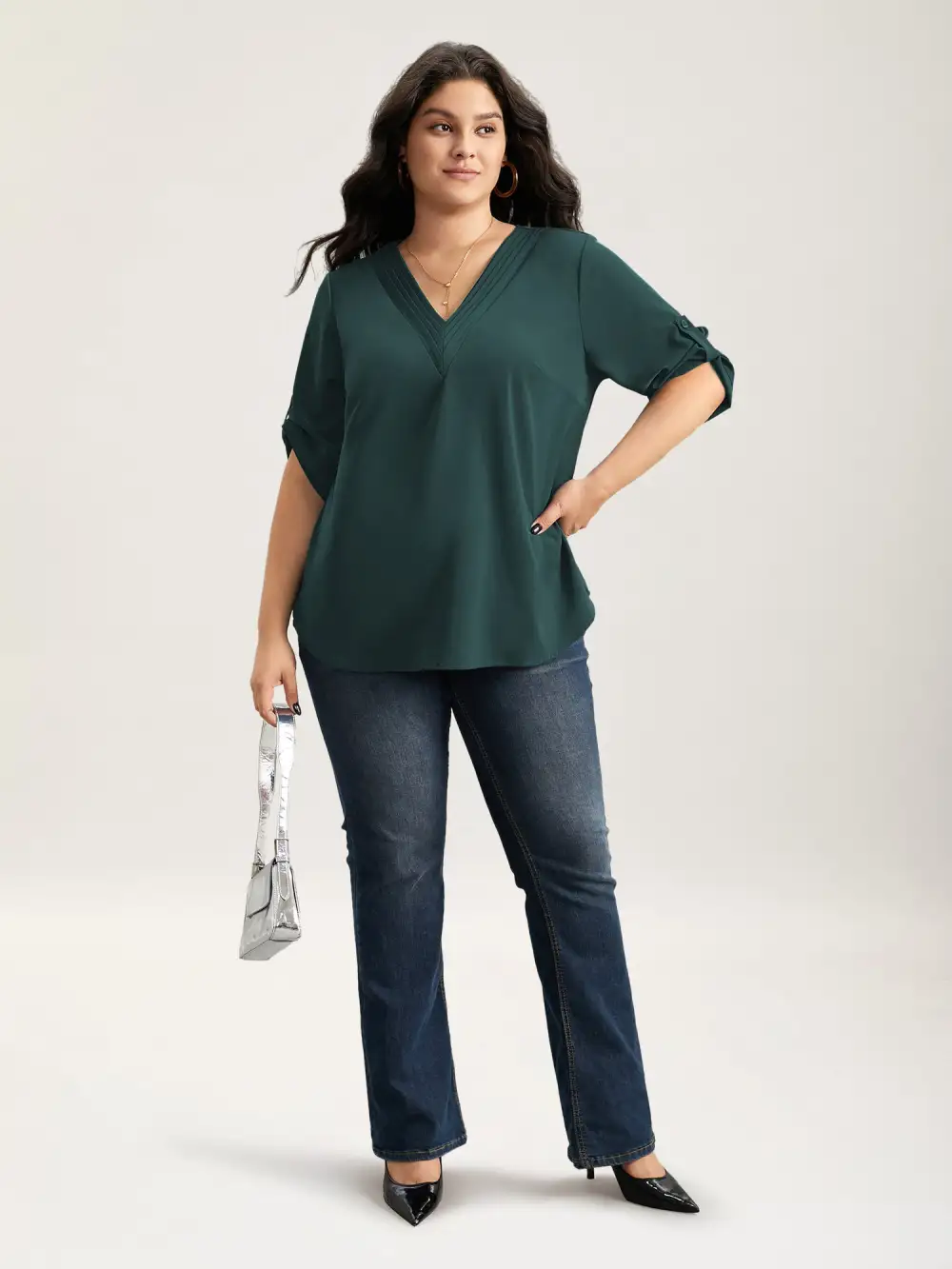 V Neck Plain Pleated Tab Sleeve Blouse