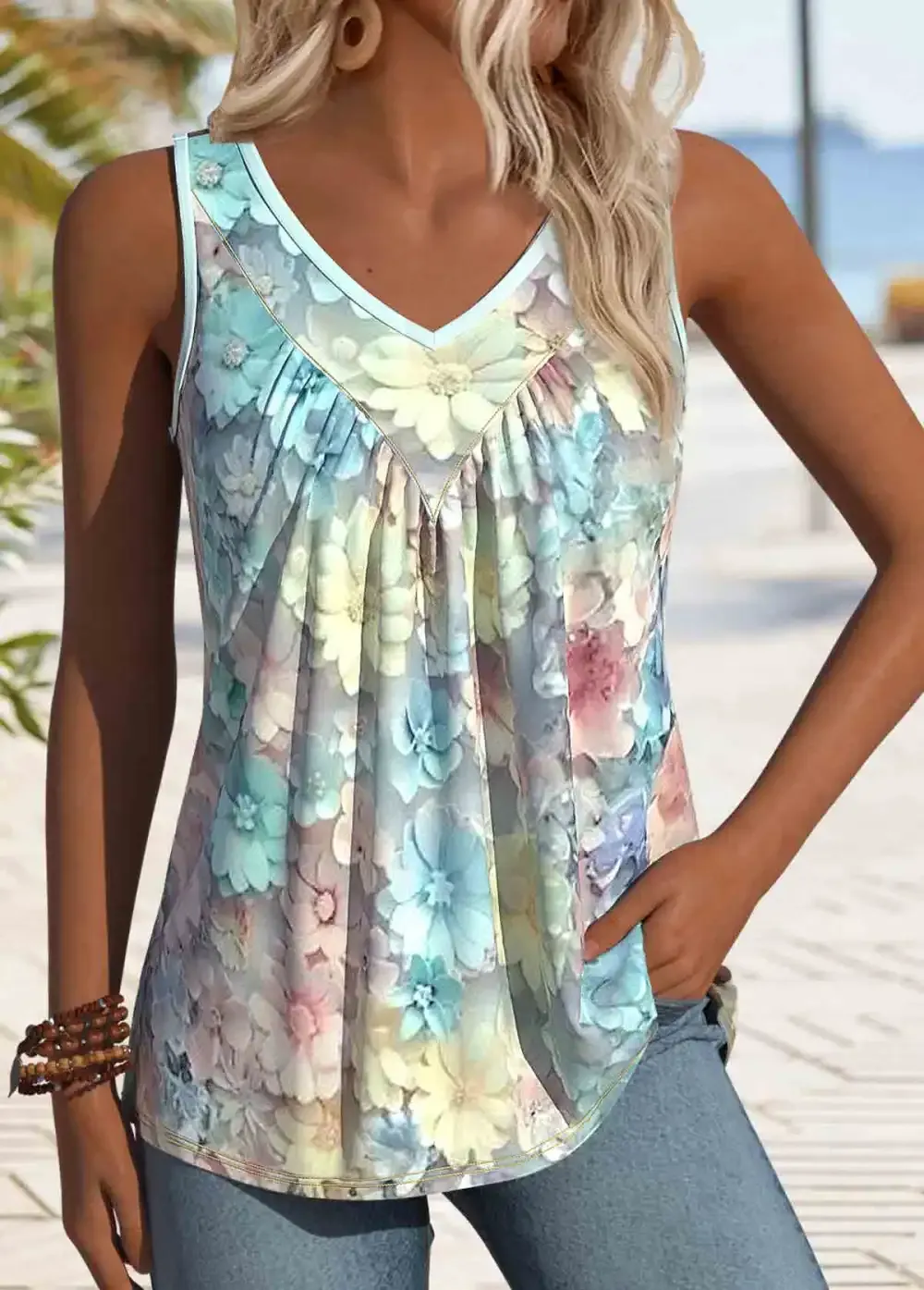 Light Blue Patchwork Floral Print Sleeveless Tank Top