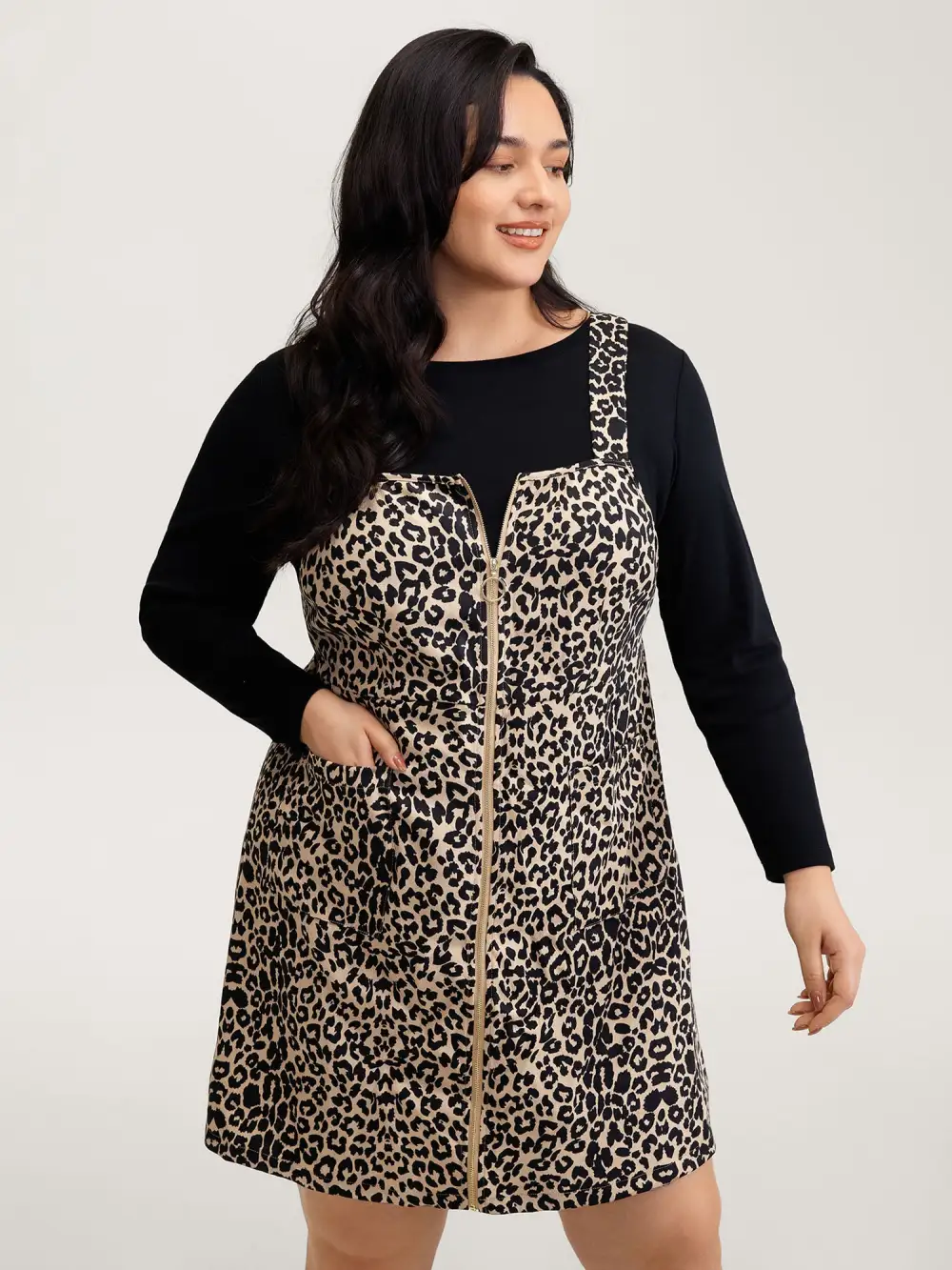 Leopard Print Zipper Front Knee-Length Dress