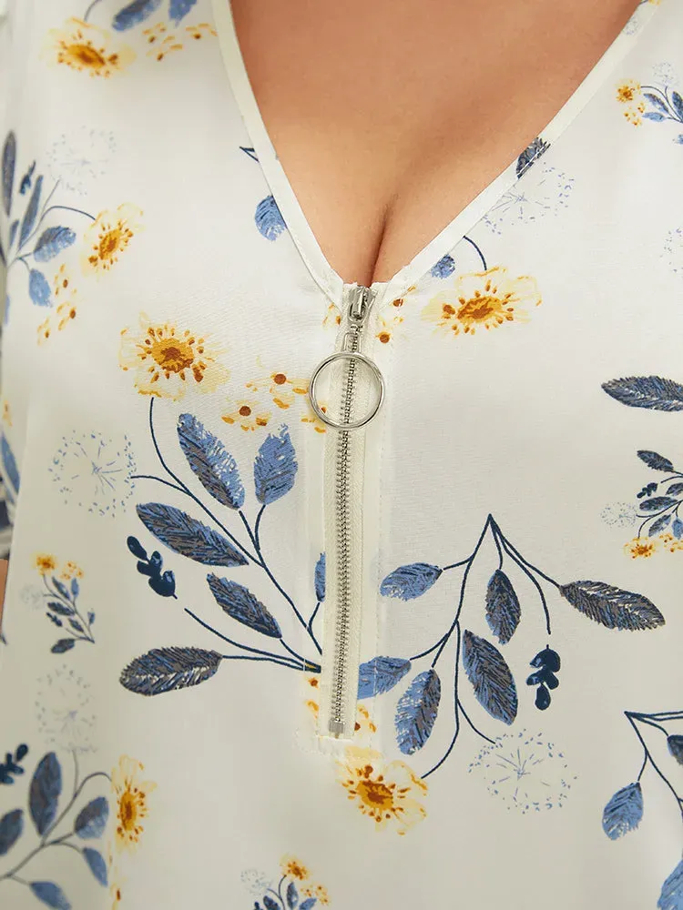 Floral O Ring Zipper Split Petal Sleeve Blouse