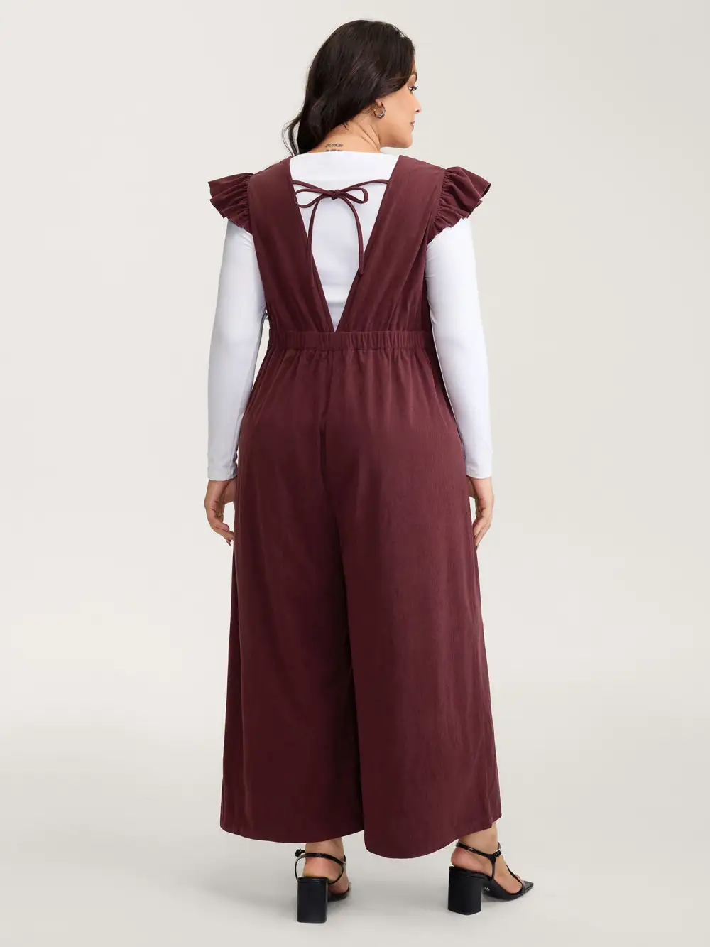 Corduroy Stretchy Waist Flutter Sleeve Jumpsuit