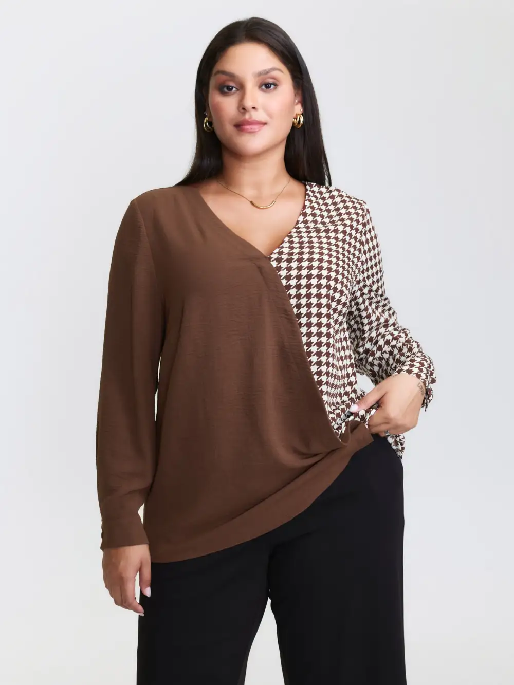 Checkered Contrast Button V-Neck Blouse