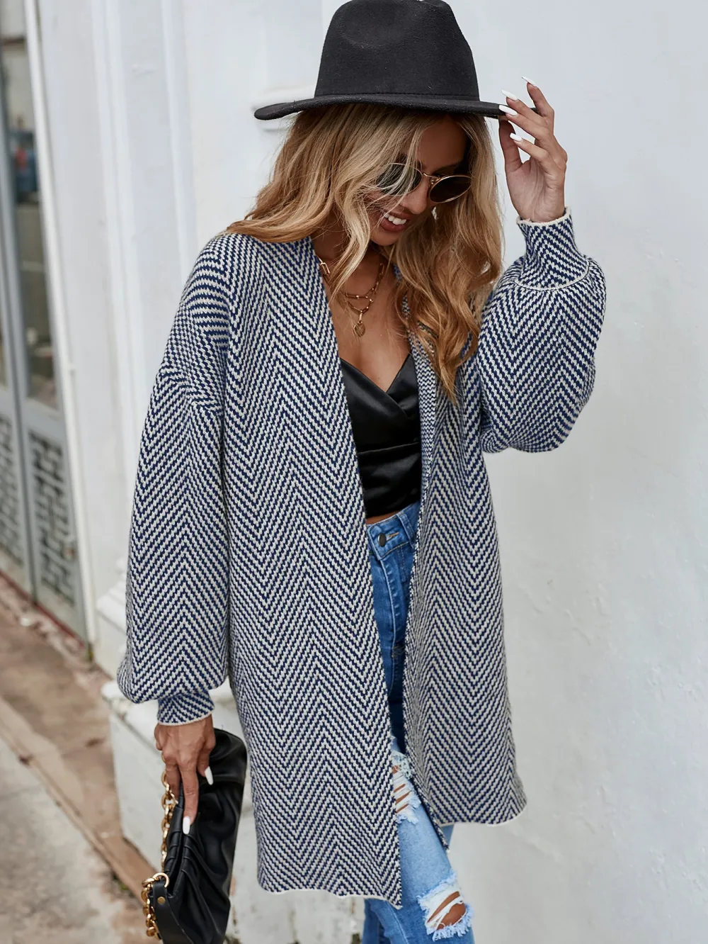 Chevron Pattern Bishop Sleeve Duster Cardigan