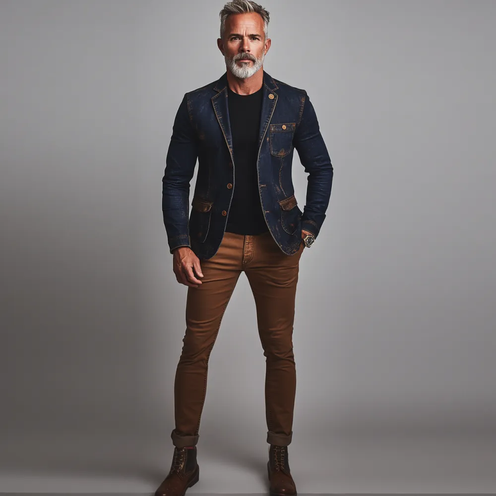 Men's Vintage Notch Lapel Two Button Utility Pocket Denim Jacket