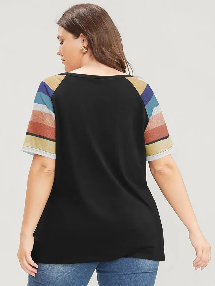 Striped Contrast Raglan Sleeve Round Neck T-shirt