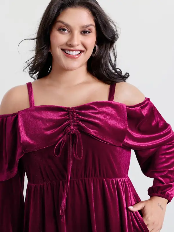 Velvet Off-Shoulder Bow Pockets Midi Dress