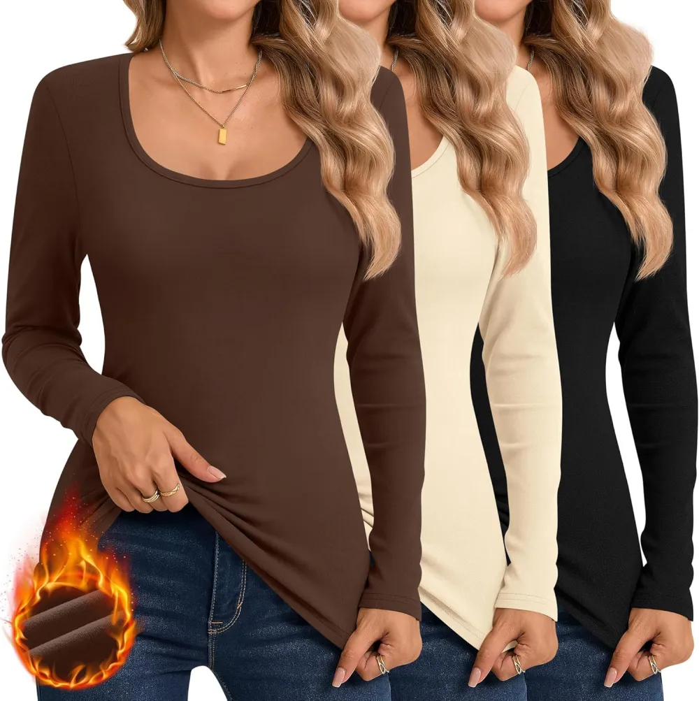 3 Pack Women's Thermal Long Sleeve Shirts Fleece Lined Scoop Neck Stretch Fitted Tops Winter Base Layer Underwear