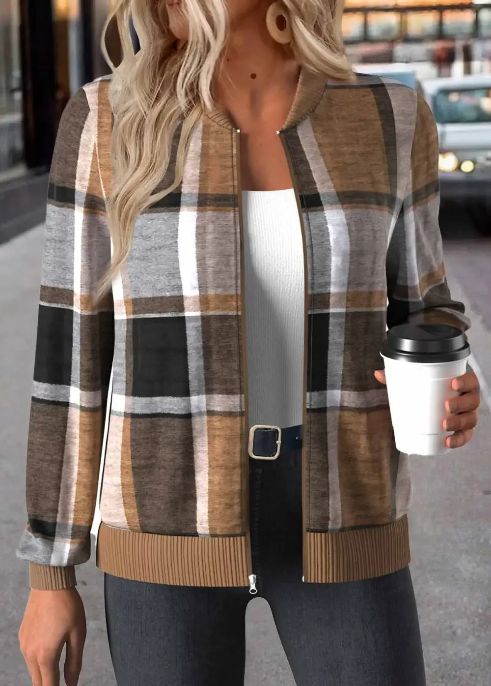 Dark Coffee Zipper Plaid Long Sleeve Stand Collar Jacket