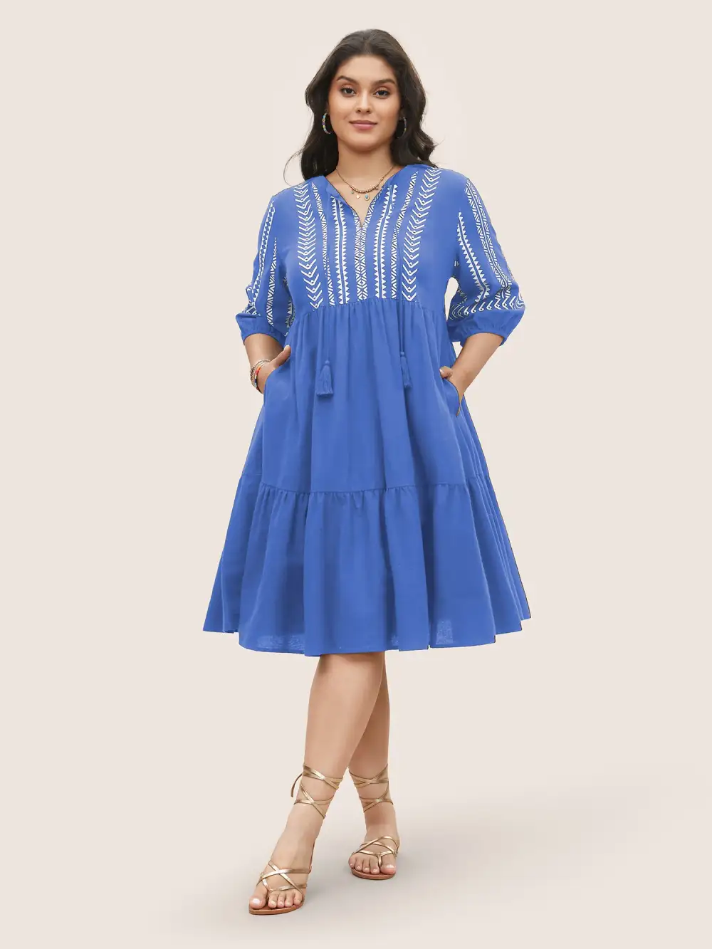 Cotton Geometric Bandana Print Tassel Trim Dress