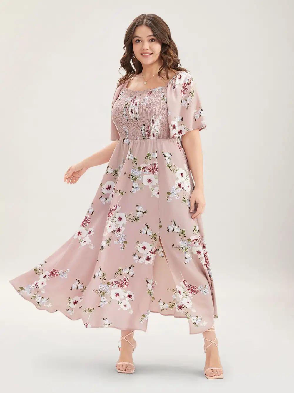 Floral Square Neck Ruffles Pocket Shirred Split Dress