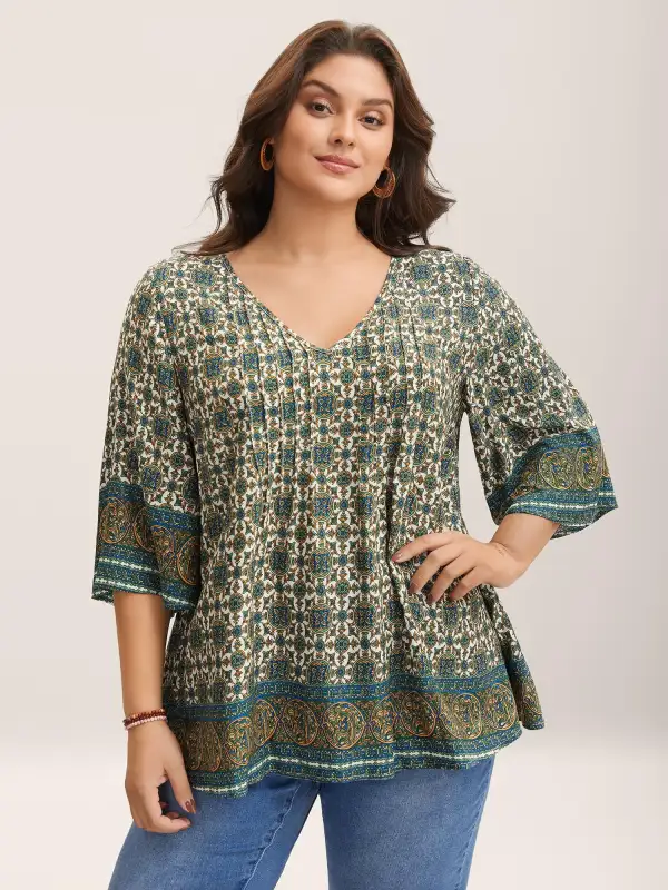 Pin-Tuck Pleat Ornate Print Relaxed Fit Shirt