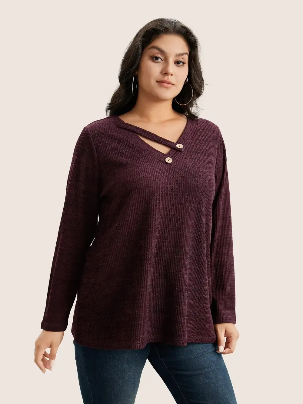 Solid Rib Knit Button Detail T-Shirt