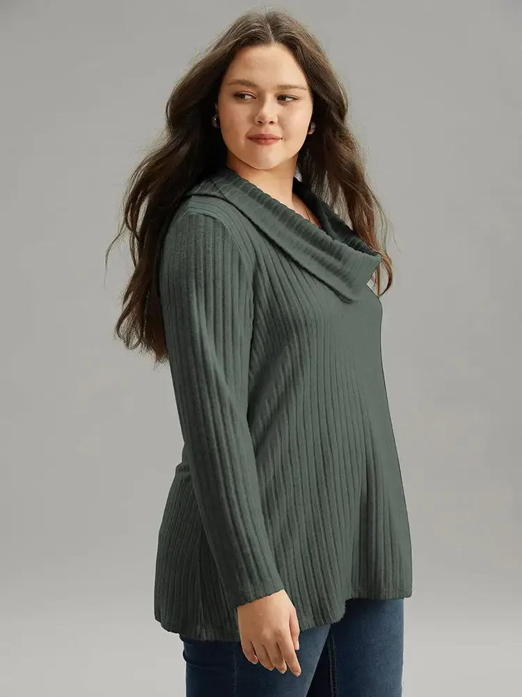Plain Rib Knit Cowl Neck T-Shirt