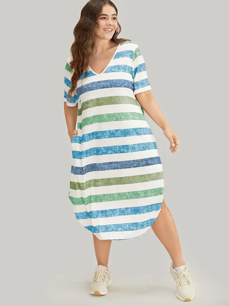 Striped Contrast Arc Hem V Neck Pocket Dress