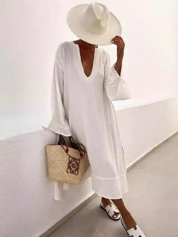 Vacation Flared Sleeves Solid Color Deep V-Neck Midi Dresses
