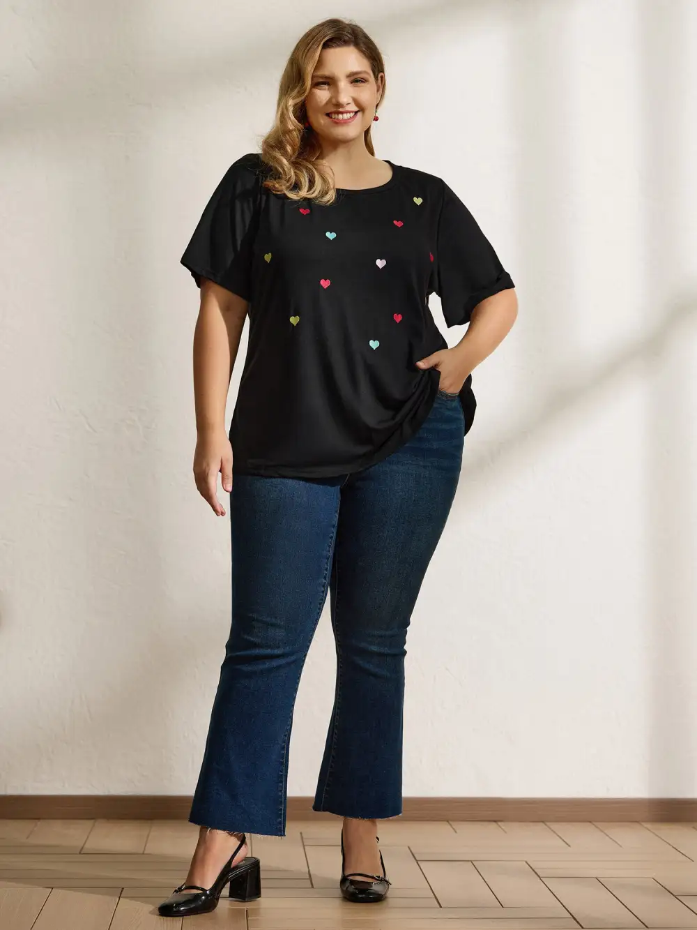 Embroidered Hearts Stretchy Round Neck T-Shirt