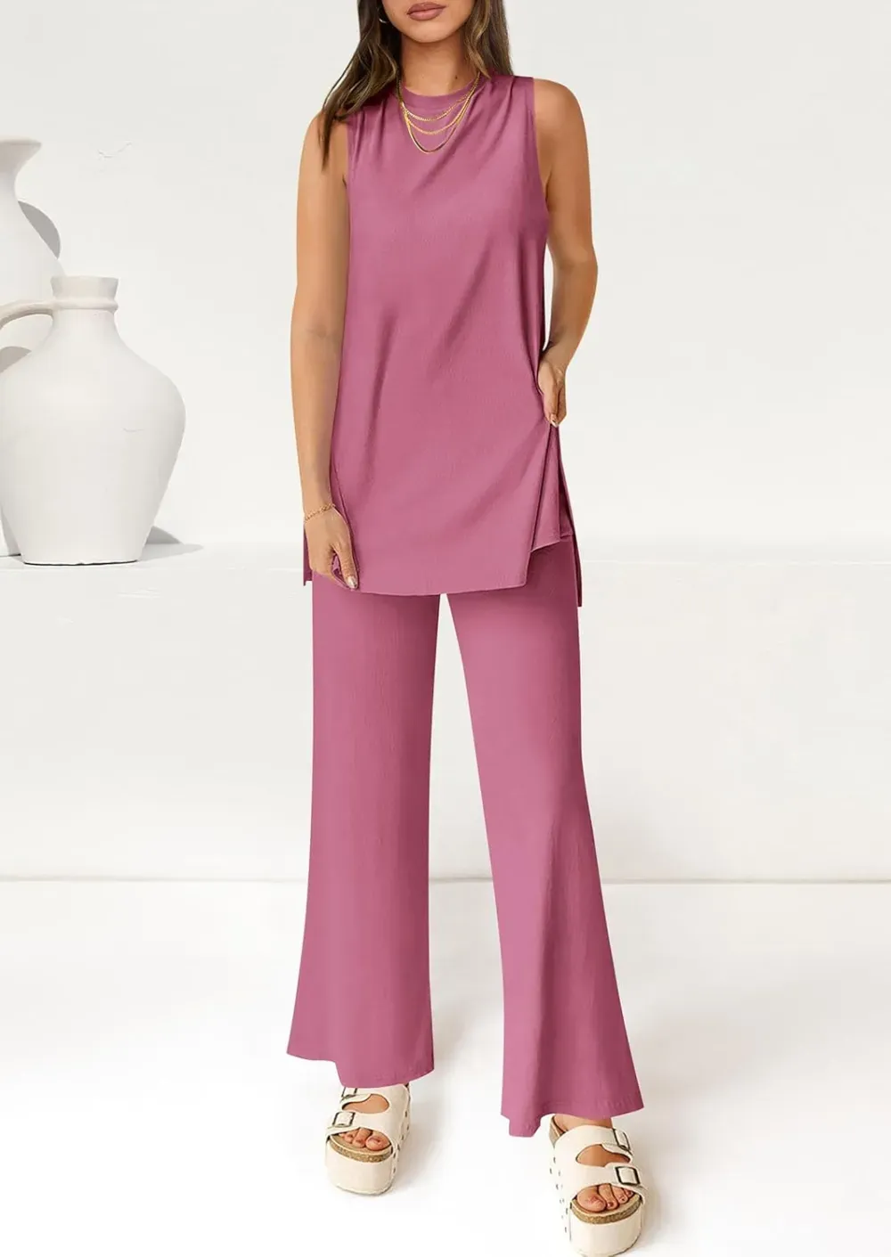 Women's Casual Loose Tank Top Wide Leg Pants 2 Piece Lounge Set