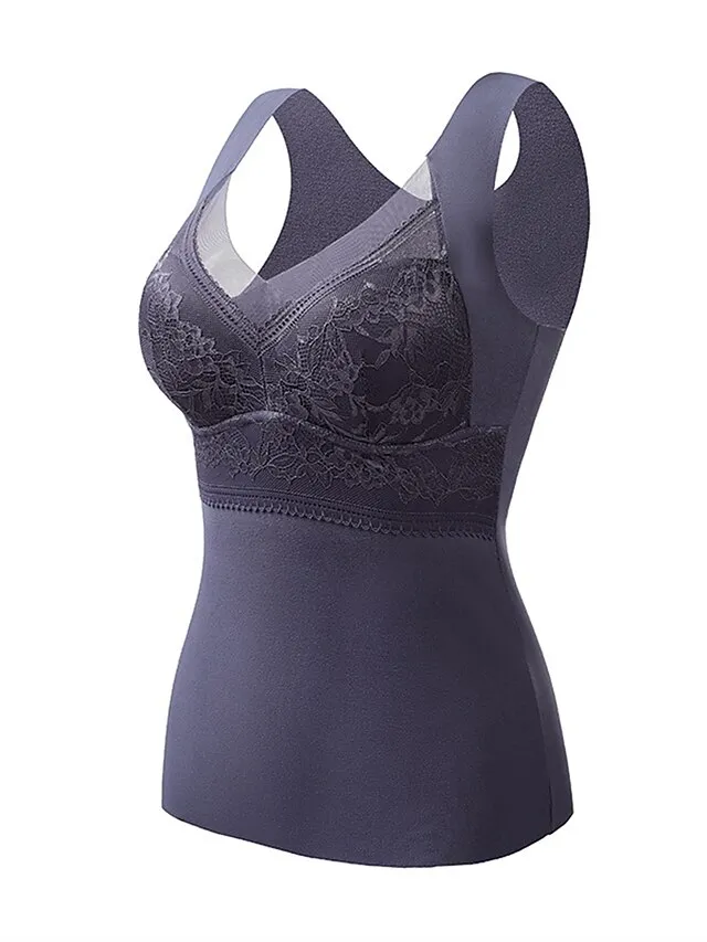 Women‘s Thermal Vest Underwear Built-in Bra Pure Color Warm Fashion Home Street Daily Polyester Warm Breathable Straps Sleeveless Fall Winter Black color