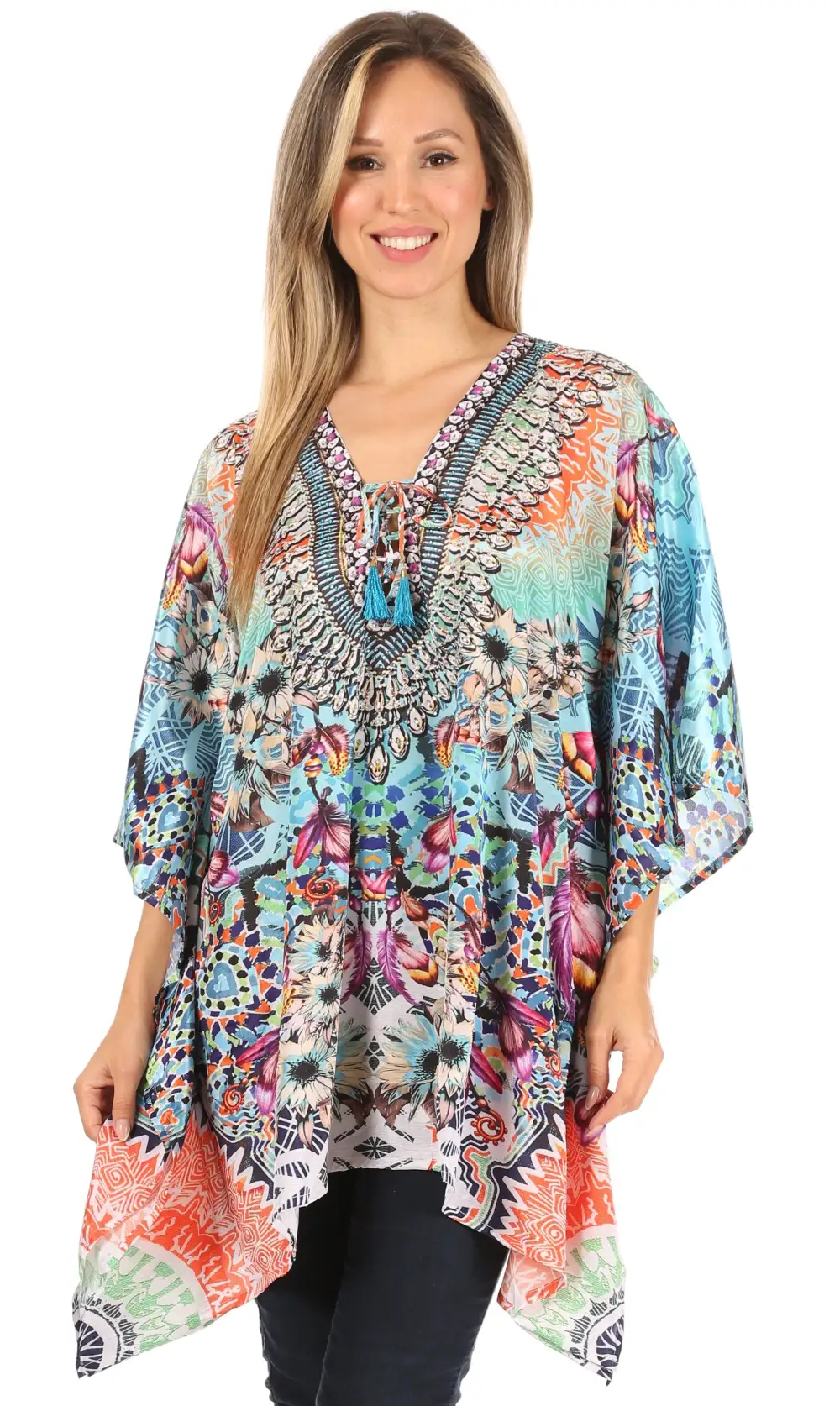 Women's Caftan Poncho Cover up V neck Top Lace up With Rhinestone