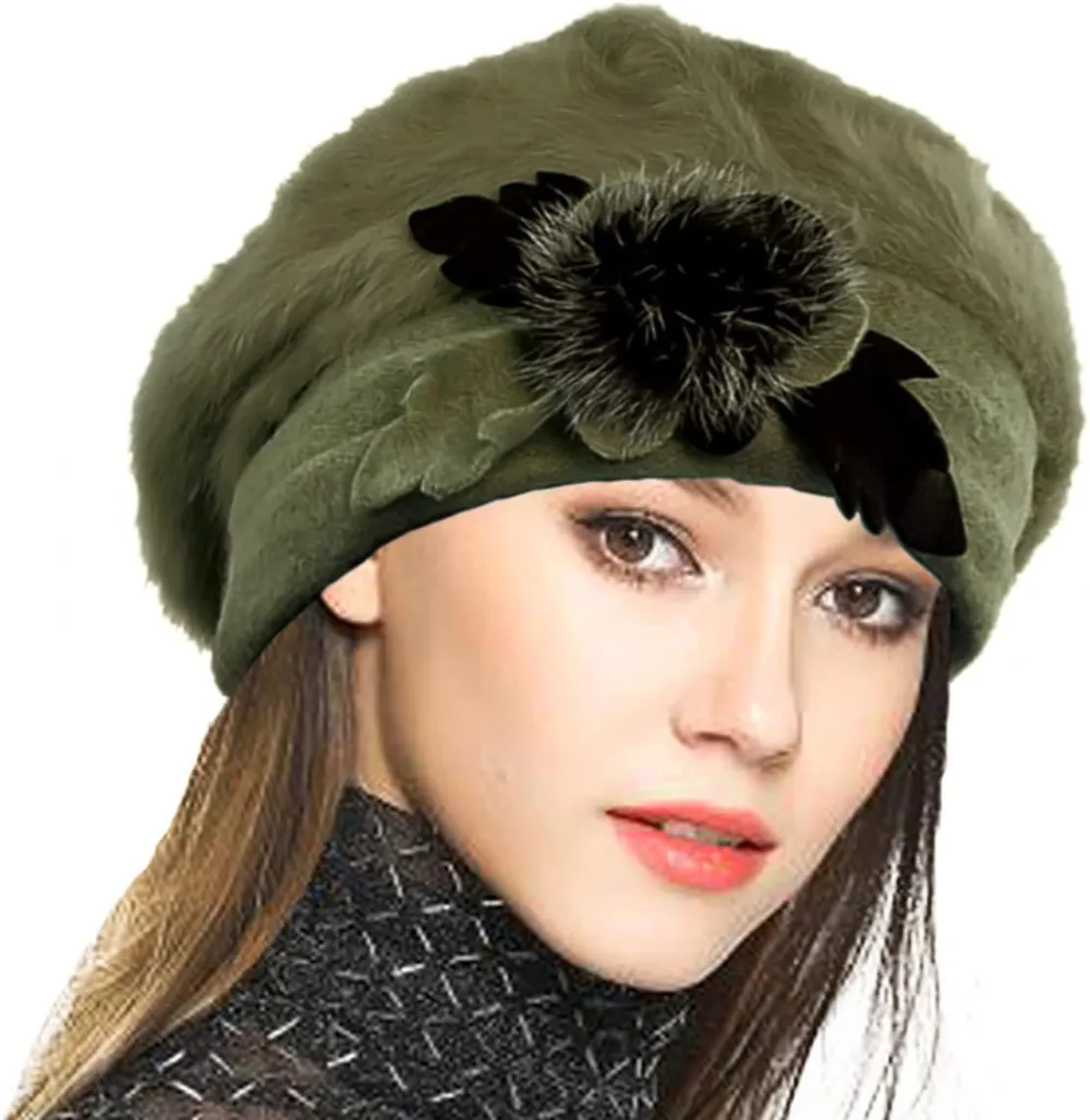 Lady French Beret 100% Wool Beret Floral Dress Beanie Winter Hat