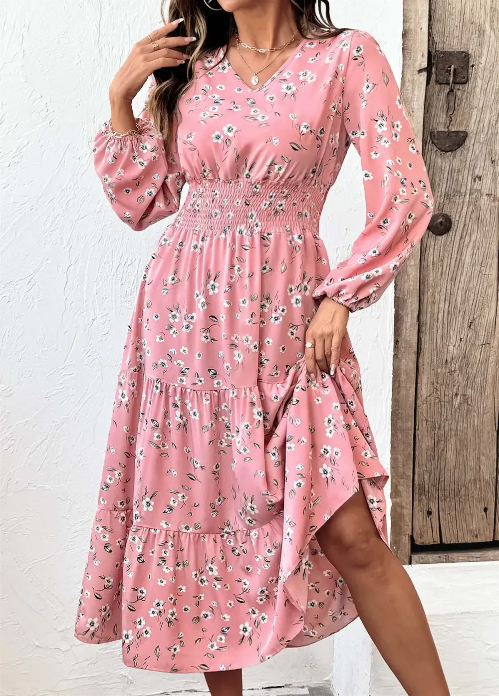 Pink Tummy Coverage Ditsy Floral Print Long Sleeve Dress