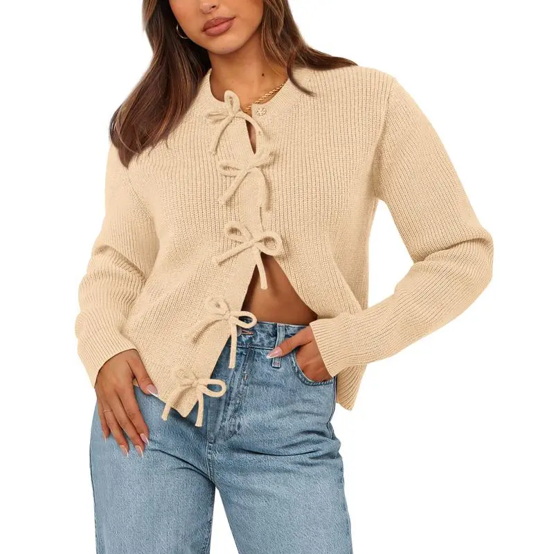 Cardigan Sweaters for Women Trendy 2025 Fall Open Front Long Sleeve Button Down Bow Knot Cropped Lady Jacket