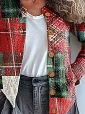 Women's Cardigan Fashion Daily Casual Graphic Plaid Ribbed Crew Neck V Neck Buttons Print Long Sleeve Regular Tops Knit Outdoor Daily Date Red Fall Winter