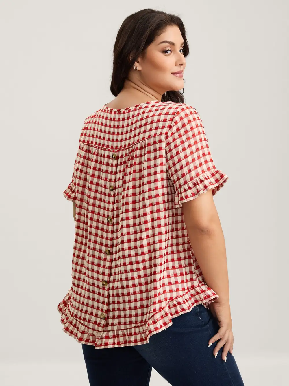 Gingham Print Button Back Blouse