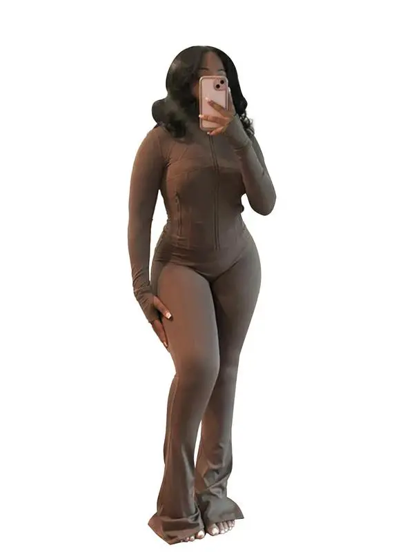 Women’s Fall/Winter 2-Piece Set: Solid Zip-Up Jacket + Flare-Leg Pants (Casual, Cozy)