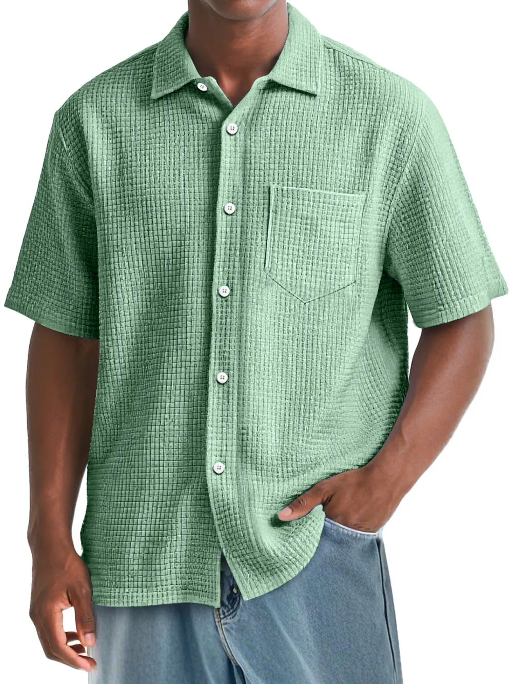 Men's Daily Waffle Texture Casual Pocket Comfort Short Sleeve Shirt