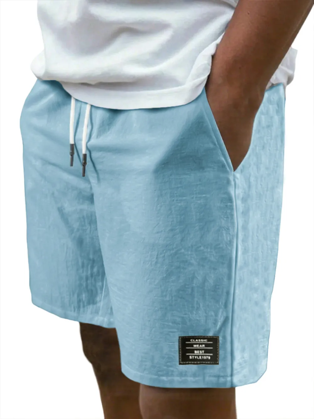 Men's Breathable Linen Beach Lace-Up Everyday Shorts with Simple Embroidered Label