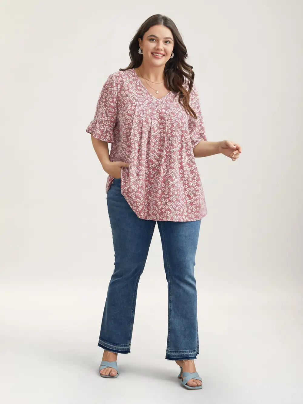 Ditsy Floral Pleated Flared Sleeve Shirt