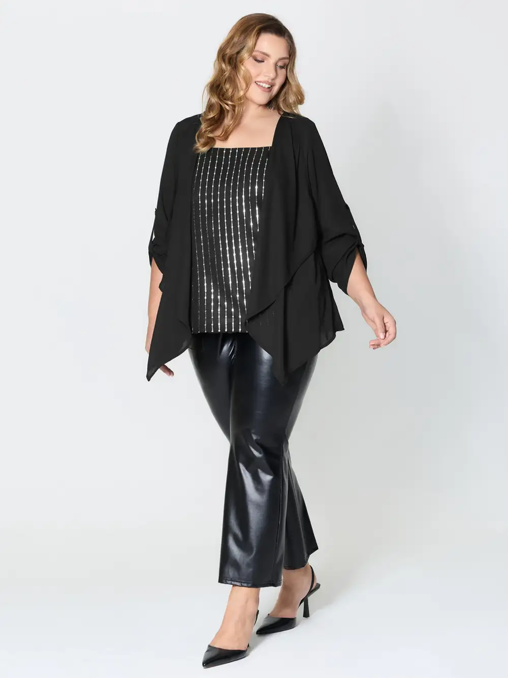 Shiny Silk Two-Piece Ruffled Blouse