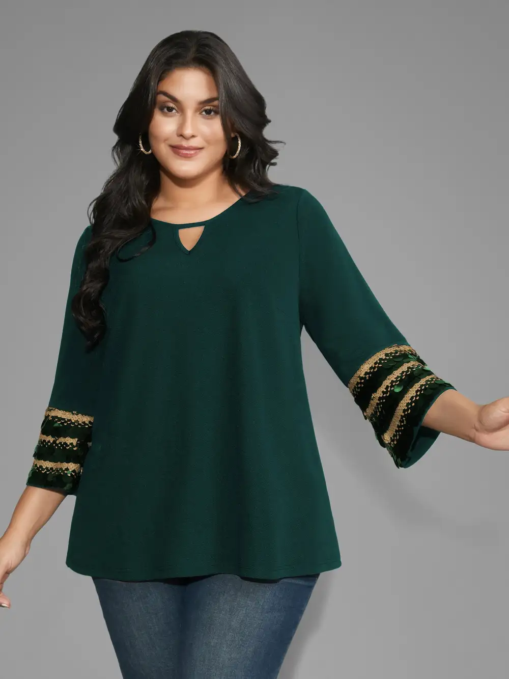 Sequin Patchwork Keyhole Bell Sleeve Blouse