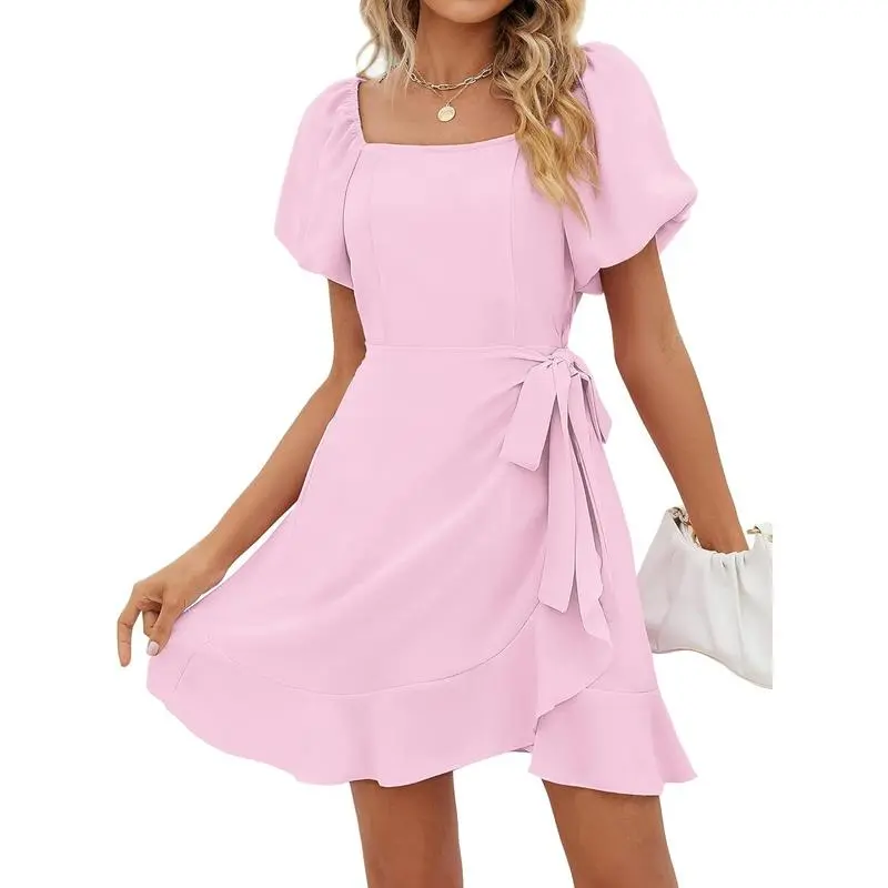 Womens Summer Dresses Square Neck Puff Sleeve Tie Waist Short Dress