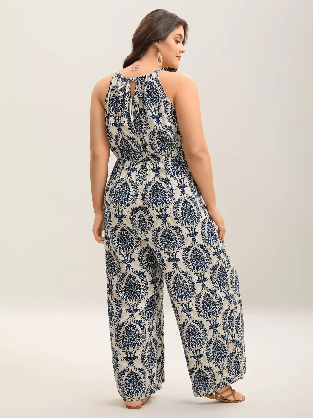 Rayon Damask Print Stretchy Waist Jumpsuit