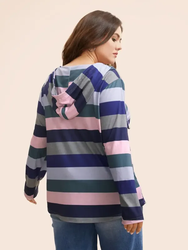 Contrast Striped Hooded Drawstring T-Shirt