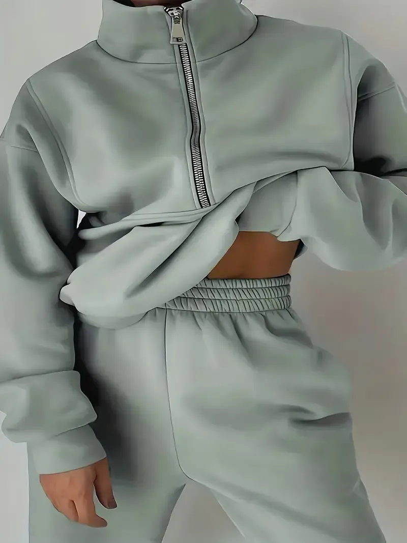 Two-Piece Solid Color Casual Outfit - High Neck Zip Front Long Sleeve Sweatshirt & Elastic Waist Pants