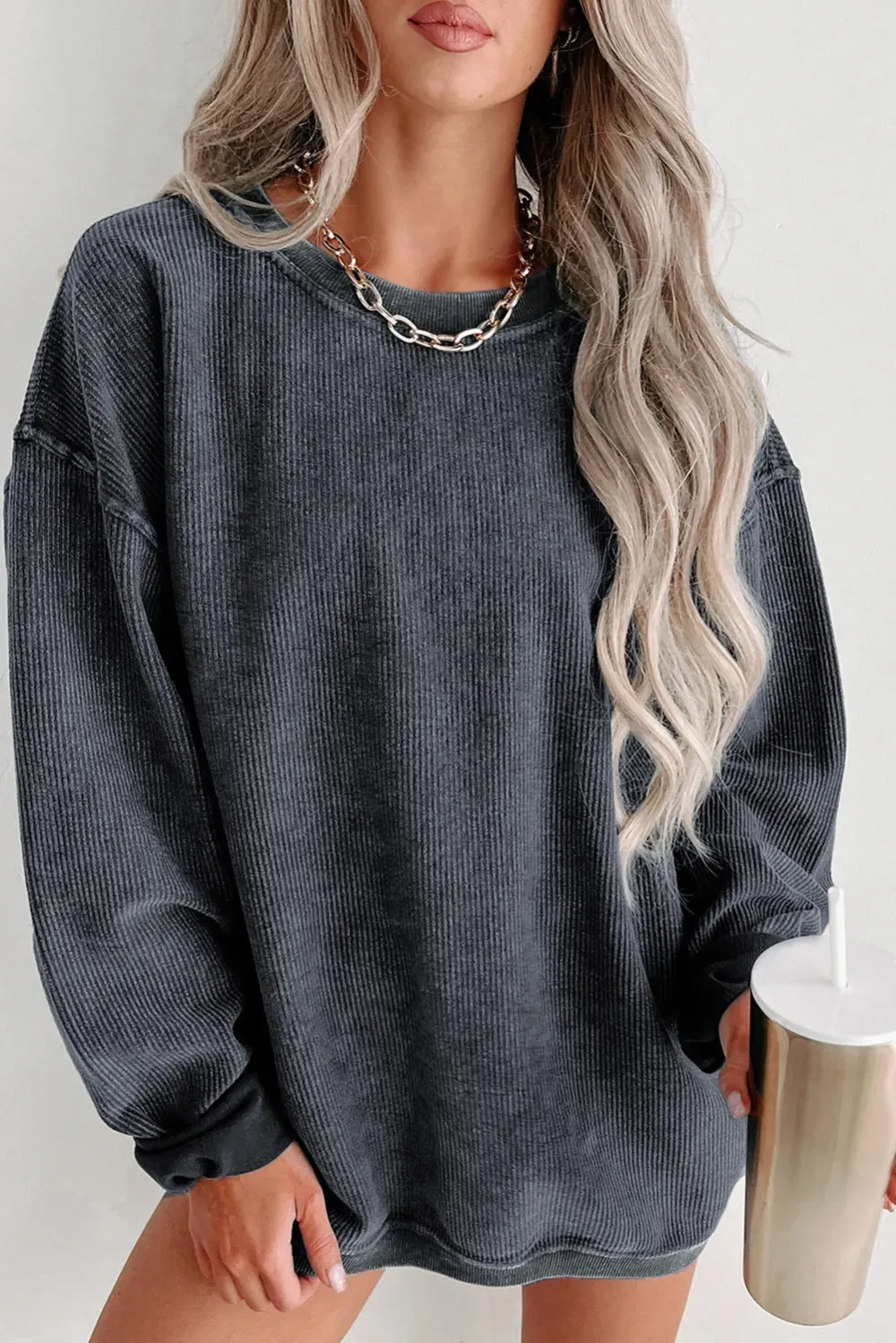 ✨ Women's Solid Color Ribbed Knit Round Neck Pullover Sweatshirt