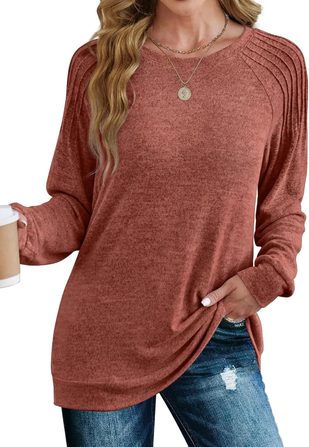 Sweatshirt for Women Crewneck Pleated Long Sleeve Shirts Tunic Tops Fashion 2024
