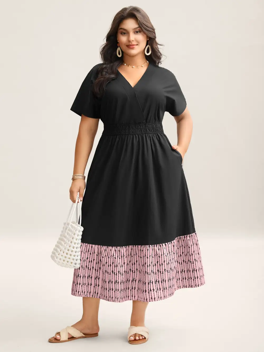 Cotton Color Block Cinched-Waist Spliced Maxi Dress