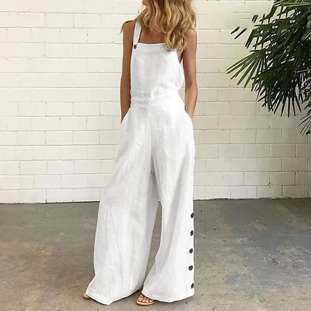 White Jumpsuits for Women Rompers Bib Slacks Wide Leg Full Length Pants Weekend Yoga Micro-elastic Plain Comfort Mid Waist Loose White Black Gray Khaki Navy Blue S M L XL XXL