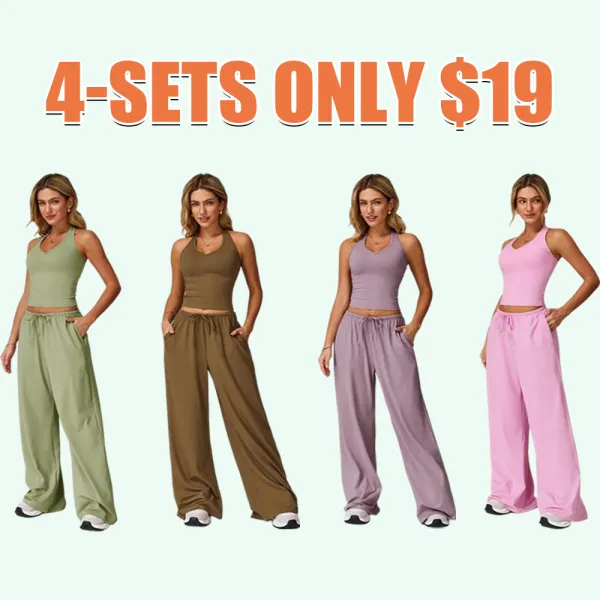Women's Solid Crop Tank Top & Wide Leg Pants Set, Casual V Neck Sleeveless Top & Trousers