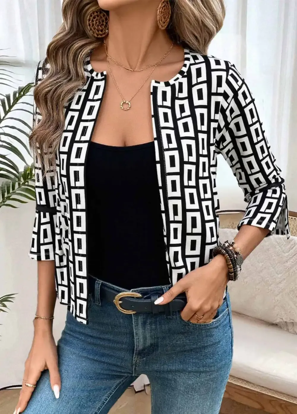 Black Geometric Print 3/4 Sleeve Coat